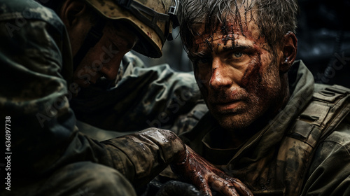 A close-up shot of a combat medic's hands as they carefully tend to a wounded soldier's injuries with precision 