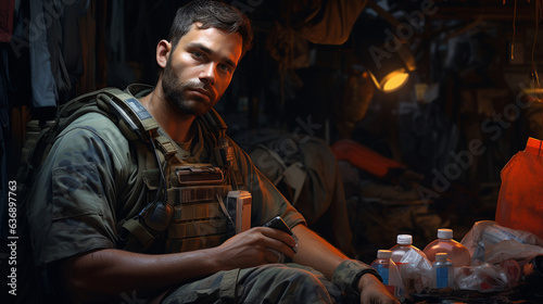 A portrait of a combat medic with a focused expression, holding essential medical supplies while in a tense environment 