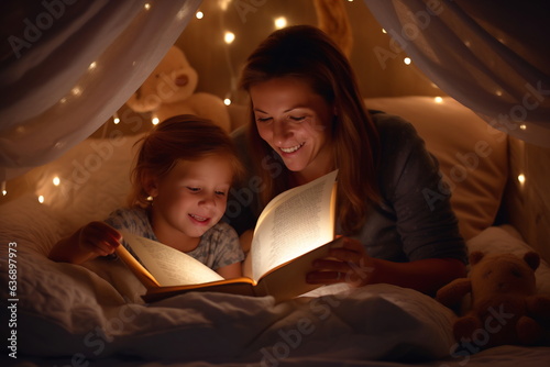Family before going to bed mother reads to her child a book near a lamp in the evening