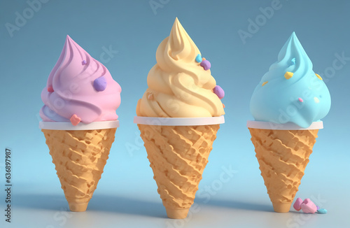 Three ice cream cones 3d view on blur background