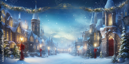 beautiful christmas card with decorations and copy space, magical village in the snow 