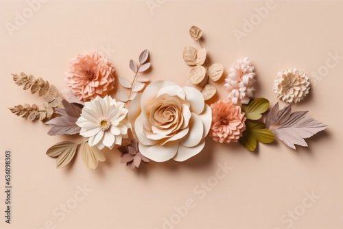 Arrangement of spring flowers against a pastel color background. Blooming concept. Flat lay