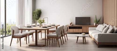 contemporary house design creative decor dining area in natural minimal natural material colour scheme warm and cosy feeling clean and clear space organize house beautiful background,ai generate © VERTEX SPACE