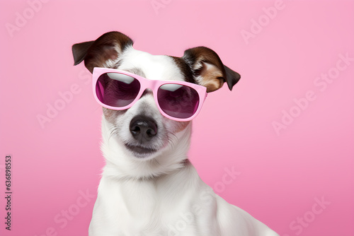 Funny dog with sunglasses on pink background. Portrait of Jack Russell Terrier © Chayan