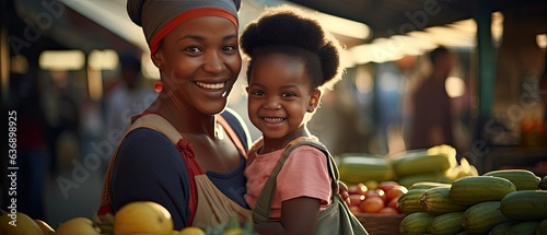 Fototapeta Portrait of a mother and daughter child shopping at the local farmers market