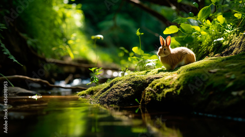 A wild rabbit standing in the forest under the warm sunlight © Ukiuki-tsuguri