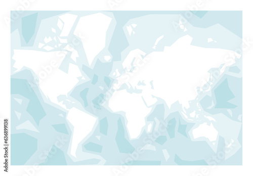 Map of World continents - North America, South America, Africa, Europe, Asia and Australia. Mercator projection. Simplified map of land silhouette with bathymetry and seas and oceans names.