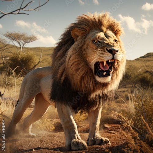 Image of a lion standing and roaring in savanna