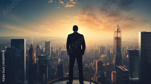 Image of businessman standing on open roof top watching city night view