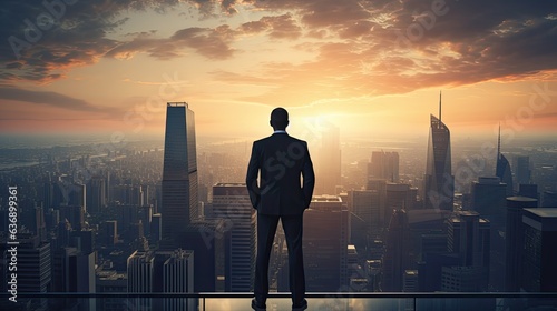 Image of businessman standing on open roof top watching city night view