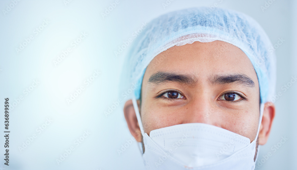 Face mask, surgeon and man in hospital in studio isolated on a white background mockup space. Portrait, doctor and medical professional nurse, healthcare worker and confident surgery employee in ppe. Face mask, surgeon and man in hospital in studio isolated on a white background mockup space. Portrait, doctor and medical professional nurse, healthcare worker and confident surgery employee in ppe.