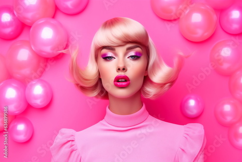 Emotion pink wig woman. Wide open mouth. Pink lips makeup photo