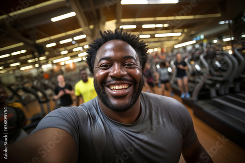 Active lifestyle, loosing weight, getting fit, healthy habits concept. Happy obese overweight afro-american man making selfie at the gym club, fitness center before the training. Generative AI