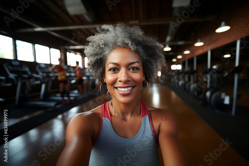 Fitness, exercise fitness gym selfie portrait of woman happy about workout, training motivation, body wellness. Young sports female athlete smile for blog inspiration and progress post. Generative AI