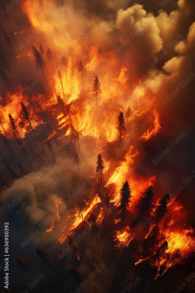 Forest in Fire Abstract Background, Aerial View