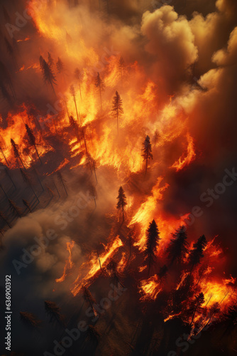 Forest in Fire Abstract Background, Aerial View