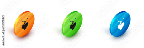 Isometric Necklace with heart shaped pendant icon isolated on white background. Jewellery decoration. International Happy Women Day. Circle button. Vector