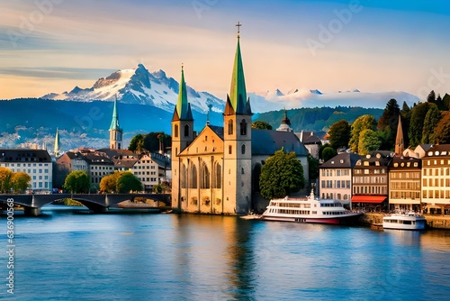 Ship is sailing by St. Peter's church and abbey, the two most popular places of visit in Zurich, Switzerland.