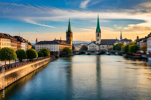 Ship is sailing by St. Peter's church and Fraum nster abbey, the two most popular places of visit in Zurich, Switzerland