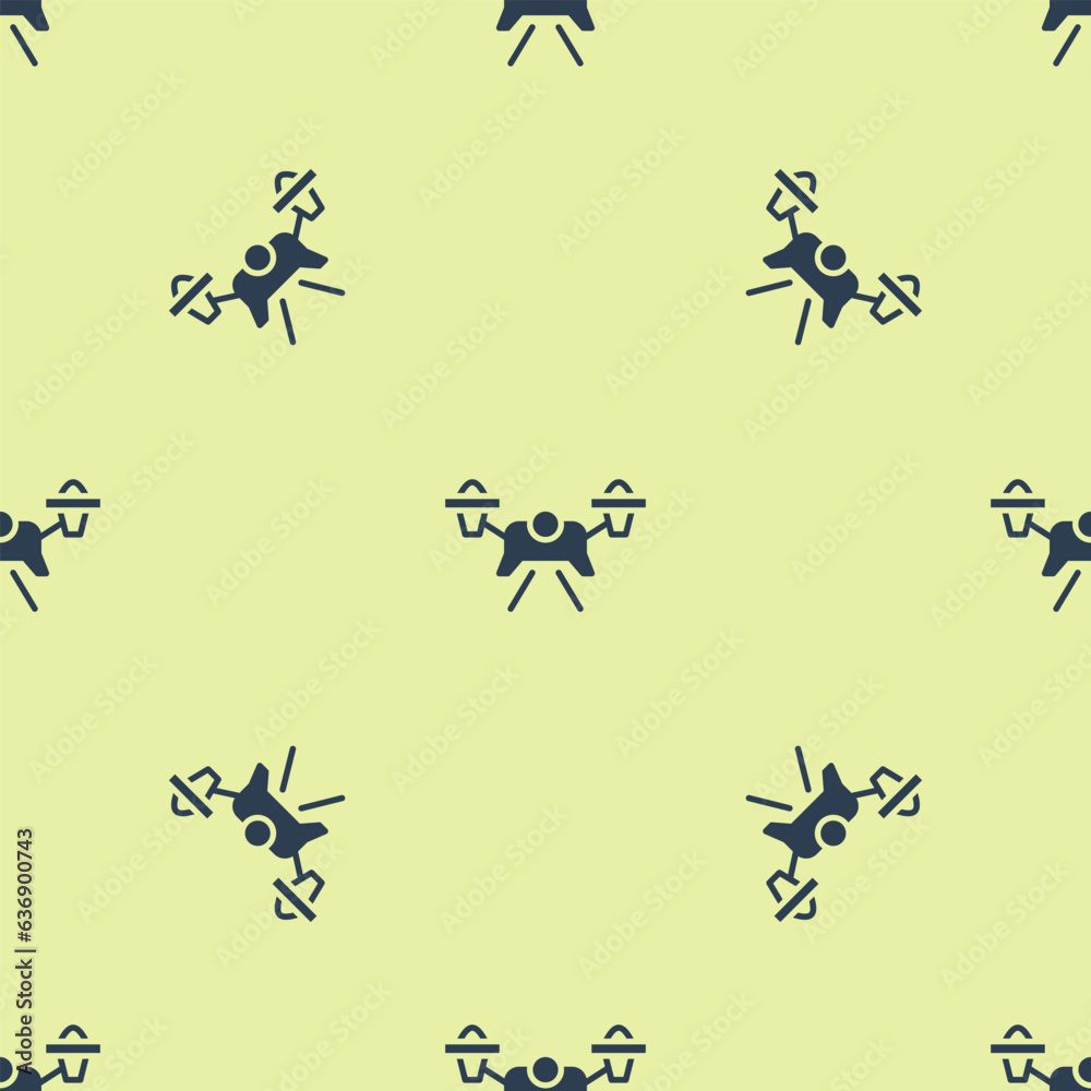Blue Drone flying icon isolated seamless pattern on yellow background. Quadrocopter with video and photo camera symbol. Vector