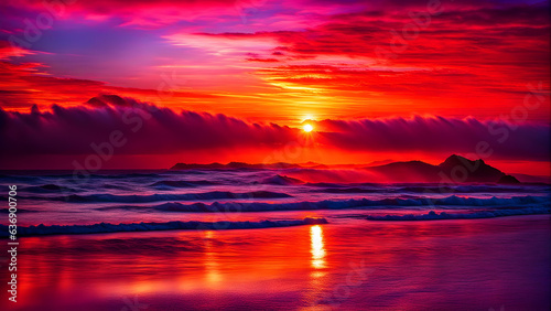 オレンジ色の夕日に照らされ輝く綺麗な空と海