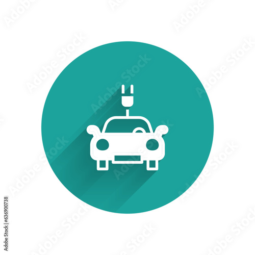 White Electric car and electrical cable plug charging icon isolated with long shadow background. Renewable eco technologies. Green circle button. Vector
