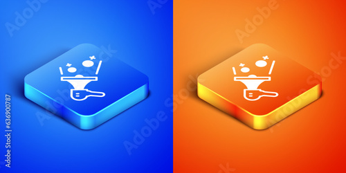 Isometric Female movement, feminist activist with banner and placards icon isolated on blue and orange background. Feminist rights movement, feminism sisterhood. Square button. Vector