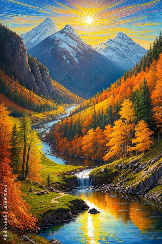 Stream Flowing Through a Valley and Breathtaking Mountain Range in the Background 