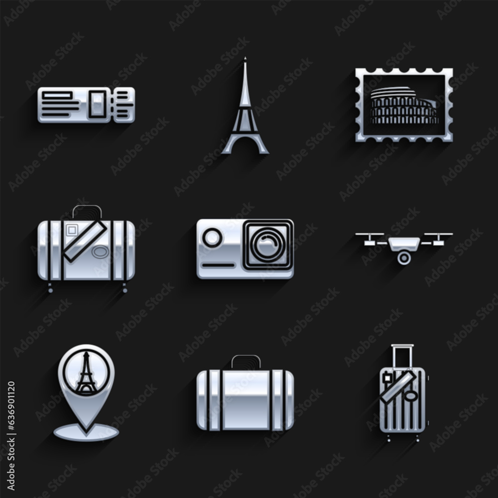 Set Action extreme camera, Suitcase for travel, and stickers, Drone flying with action video, Map pointer Eiffel tower, Postal stamp Coliseum and Travel ticket icon. Vector Set Action extreme camera, Suitcase for travel, and stickers, Drone flying with action video, Map pointer Eiffel tower, Postal stamp Coliseum and Travel ticket icon. Vector