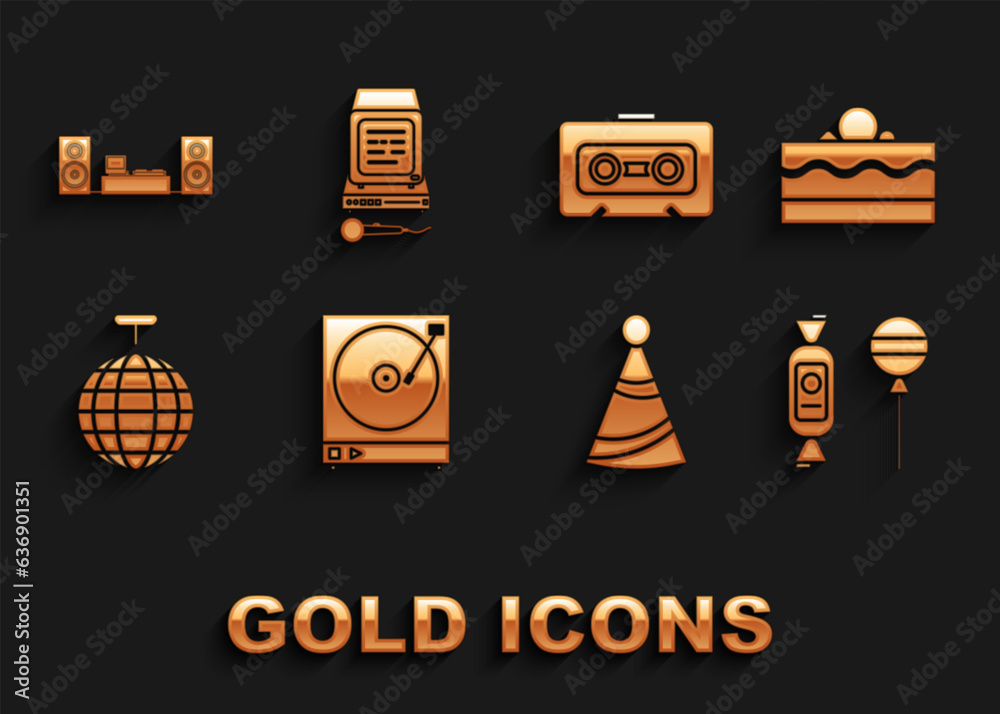 Set Vinyl player with a vinyl disk, Cake, Lollipop, Party hat, Disco ball, Retro audio cassette tape, Home stereo two speakers and Karaoke icon. Vector Set Vinyl player with a vinyl disk, Cake, Lollipop, Party hat, Disco ball, Retro audio cassette tape, Home stereo two speakers and Karaoke icon. Vector