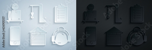 Set Closed warehouse, Verification of delivery list clipboard, Mobile phone with app tracking, Support operator touch, Harbor crane and Scale cardboard box icon. Vector
