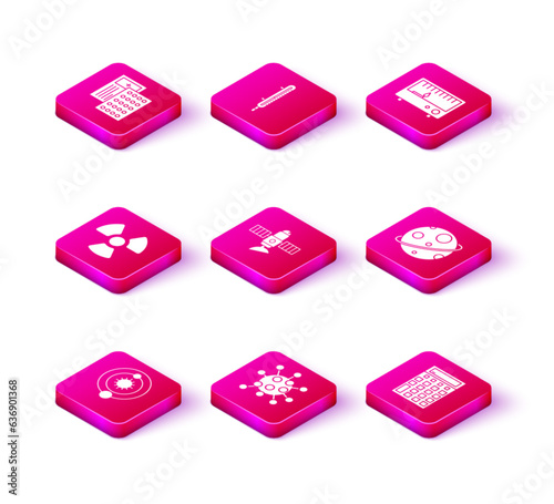 Set Solar system, Bacteria, Radioactive, Satellite, Calculator, Planet, Electrical measuring instruments and Meteorology thermometer icon. Vector