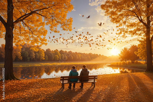 Fall Scene Romantic two people With Leaves and Trees background