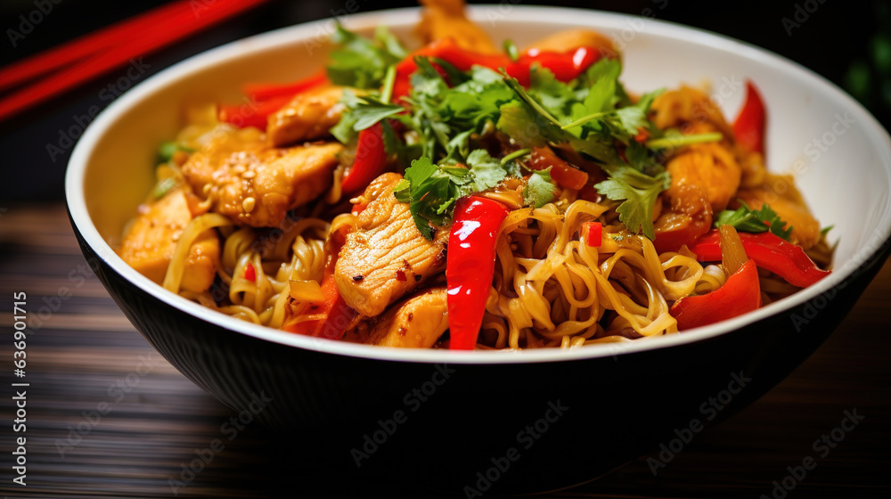 a black bowl filled with noodles and vegetables.Generative Ai