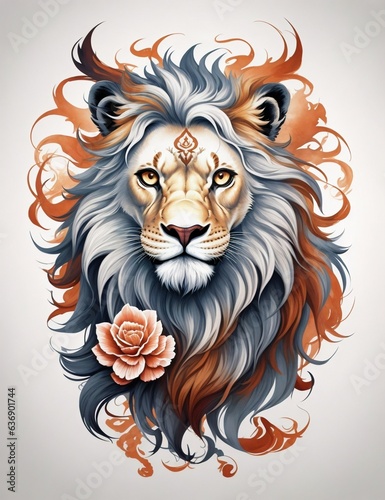 A detailed illustration  a print lion head  with flowers  t-shirt design  