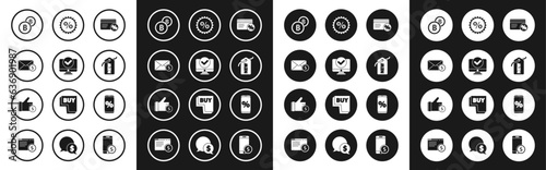 Set Discount card with percent, Computer monitor, Envelope coin dollar, Cryptocurrency Bitcoin, Price tag New, Percent discount and mobile and Hand holding icon. Vector