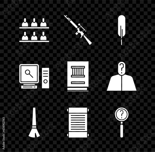 Set Jurors, Sniper rifle with scope, Feather pen, Paint brush, Decree, paper, parchment, scroll, Magnifying glass search, Search on computer screen and Law book icon. Vector