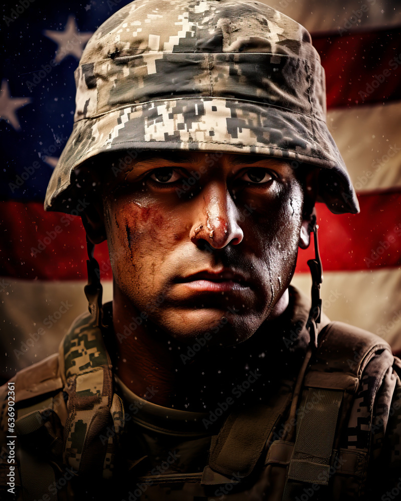 American Soldier and the US Flag. Concept of Veterans Day and Memorial Day, honoring service, loyalty and freedom.