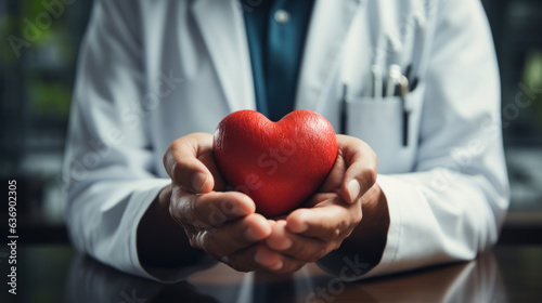 A caring doctor's hand holds a red heart in a hospital, symbolizing expert medical care, compassion, and a commitment to cardiac health © AlexTroi