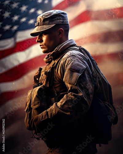 American Soldier and the US Flag. Concept of Veterans Day and Memorial Day, honoring service, loyalty and freedom.