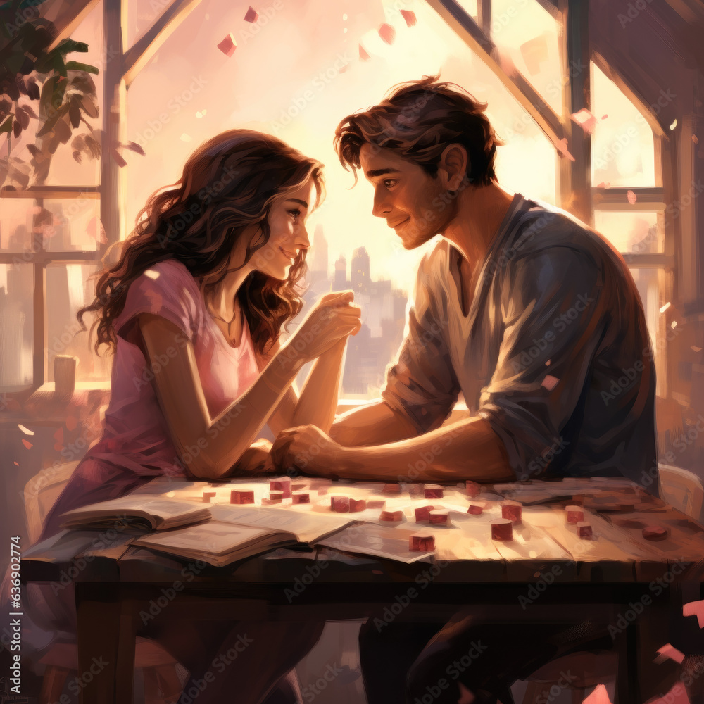 Fototapeta premium Non-standard date, couple in love on a date in games room, board games