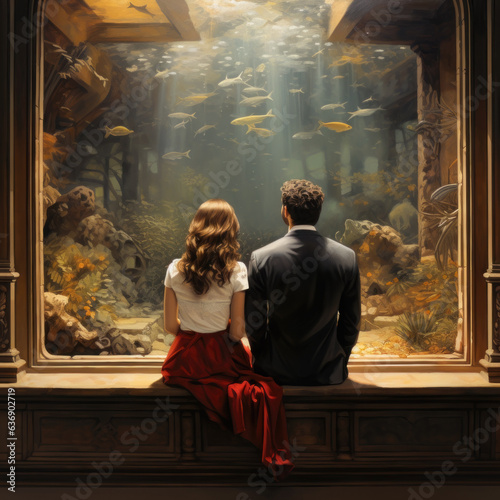 Non-standard date, couple in love on a date in aquarium