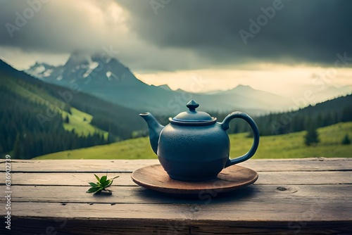 teapot and cup of tea on the mountain Generated AI