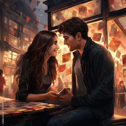Non-standard date, couple in love on a date in bookstore or library
