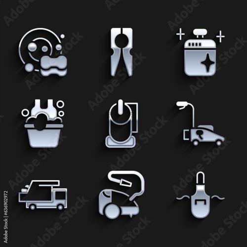 Set Toilet paper roll, Vacuum cleaner, Kitchen apron, Lawn mower, Garbage truck, Basin with soap suds, Clean cooking pot and Washing dishes icon. Vector