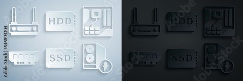 Set SSD card, Motherboard digital chip, RAM, random access memory, Case of computer, Hard disk drive HDD and Router wi-fi signal icon. Vector