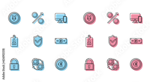 Set line Lock, Gear and arrows as workflow process concept, Coin money with Yen symbol, euro, Shield check mark, Stacks paper cash, Identification badge and Percent up icon. Vector