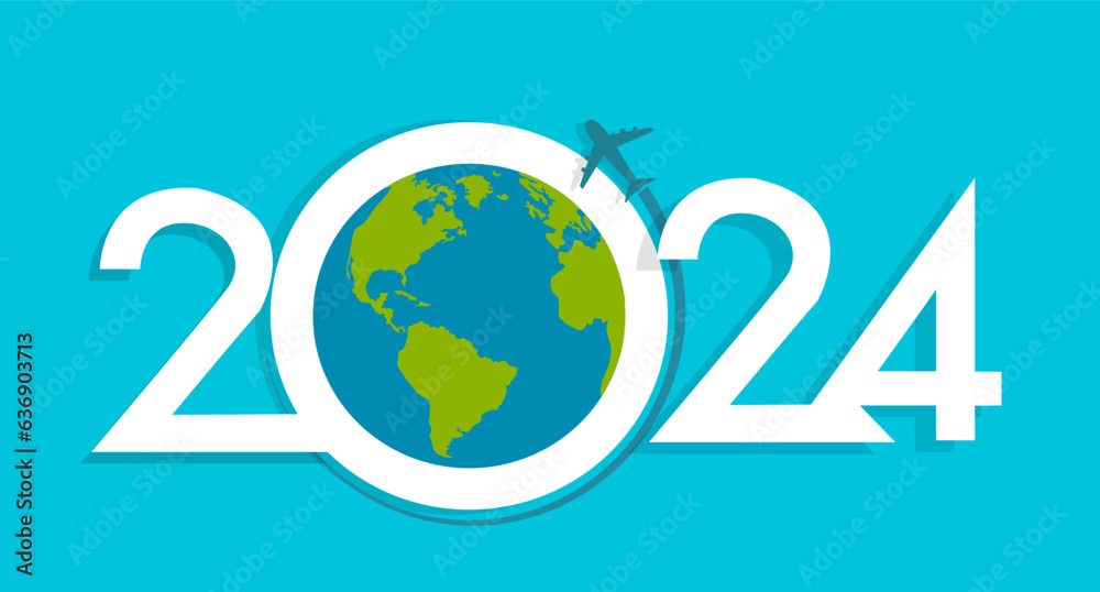 Aircraft around the world in 2024 year sign, symbol.