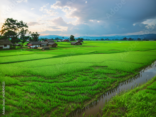 A green paddy field in the middle of a village