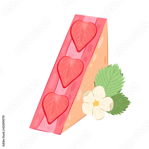 Strawberry cake. A dessert similar to a strawberry sandwich decorated with a flower and a leaf.